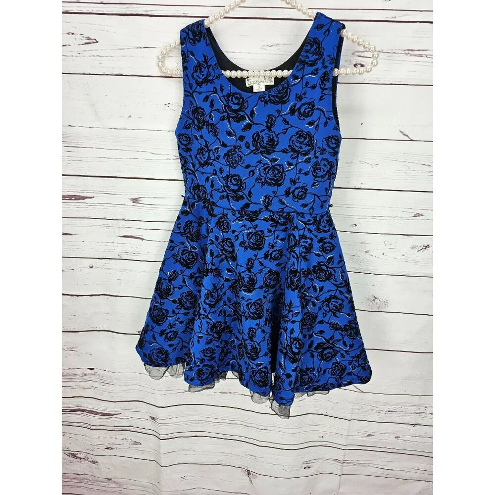Knitworks Girls Blue Black Floral Sleeveless Dress Size 12‎